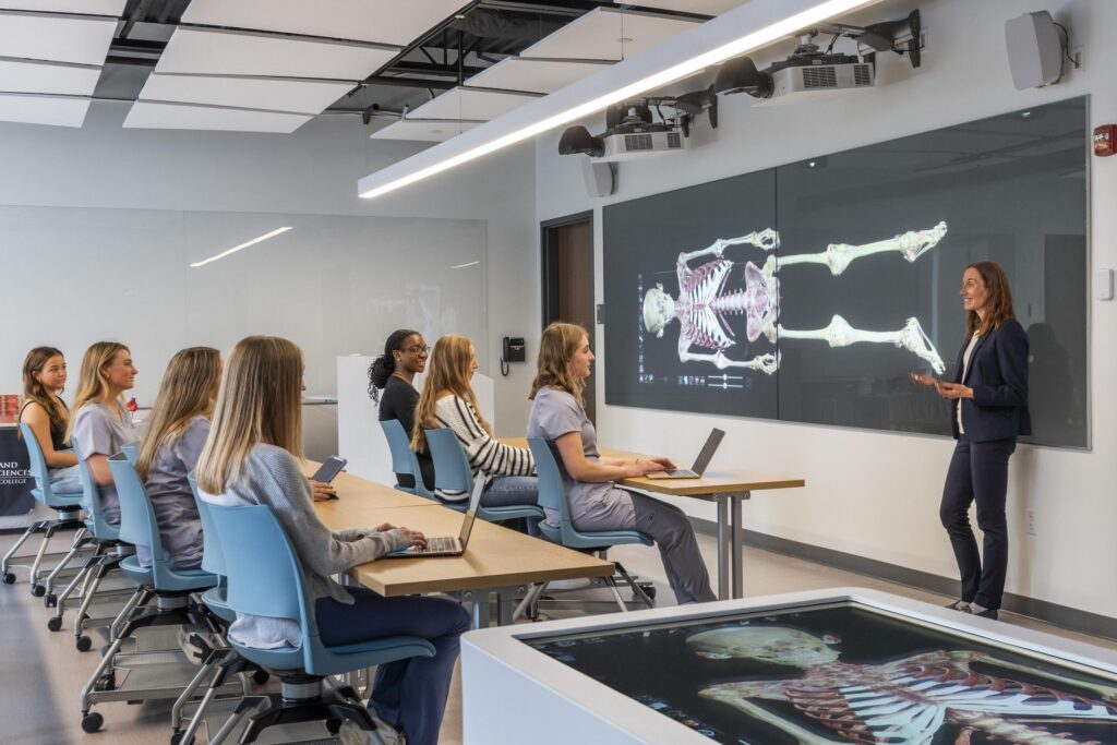 Faculty member Dr. Brett Ely teaches in front of display board with skeleton image